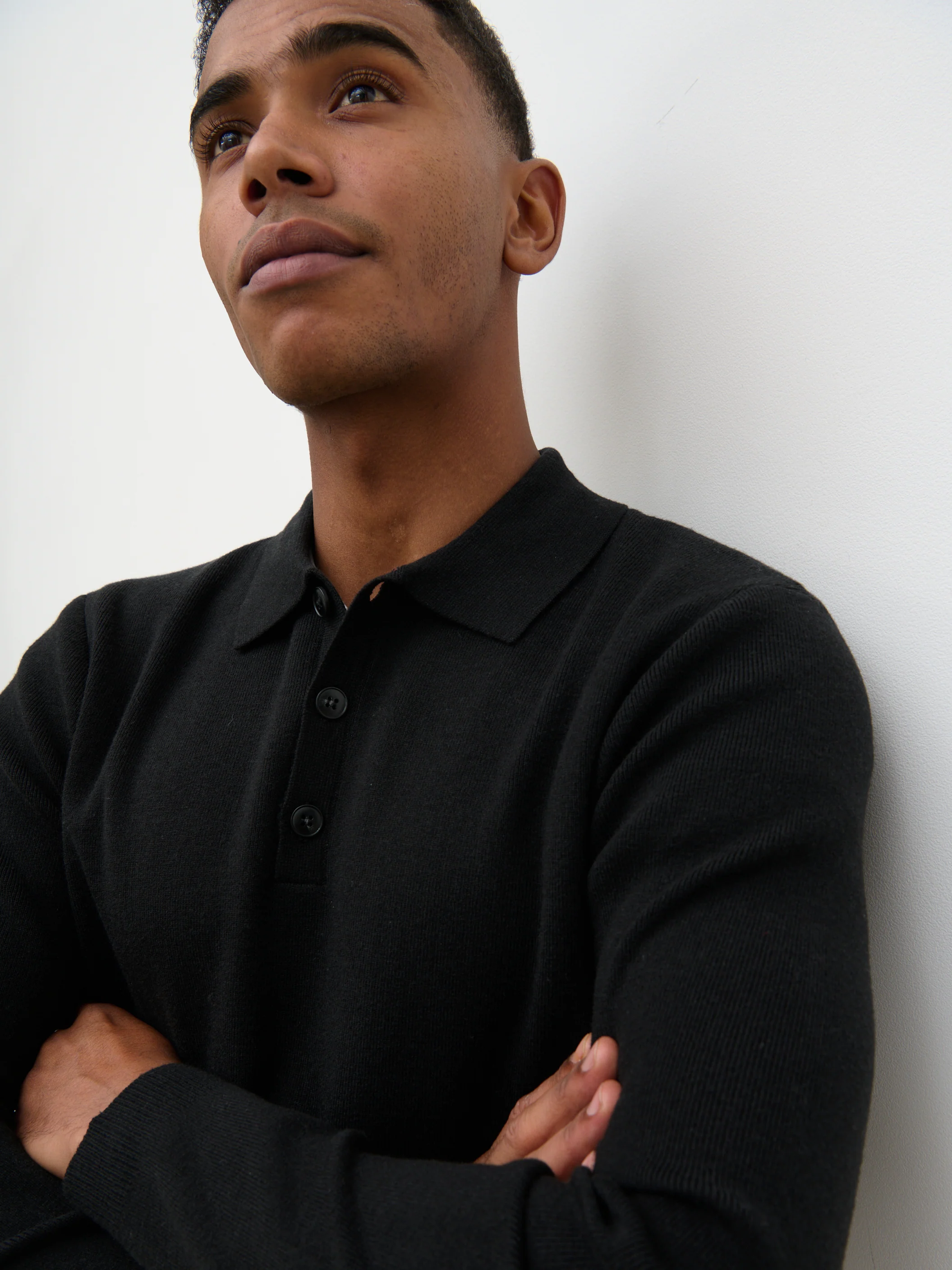 Rylan Button Long Sleeve Knit Polo - Black - Image 3