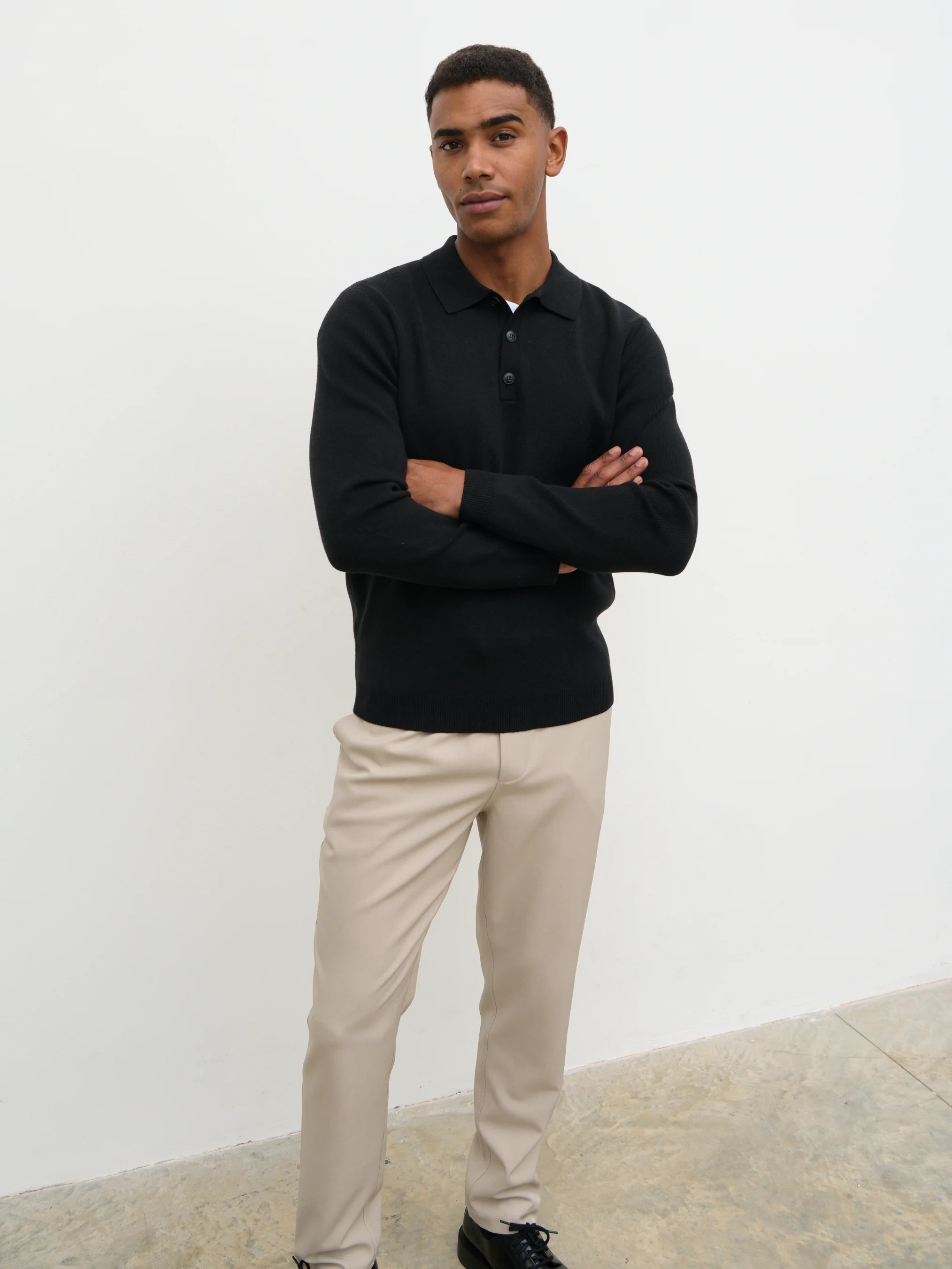 Rylan Button Long Sleeve Knit Polo - Black - Image 4