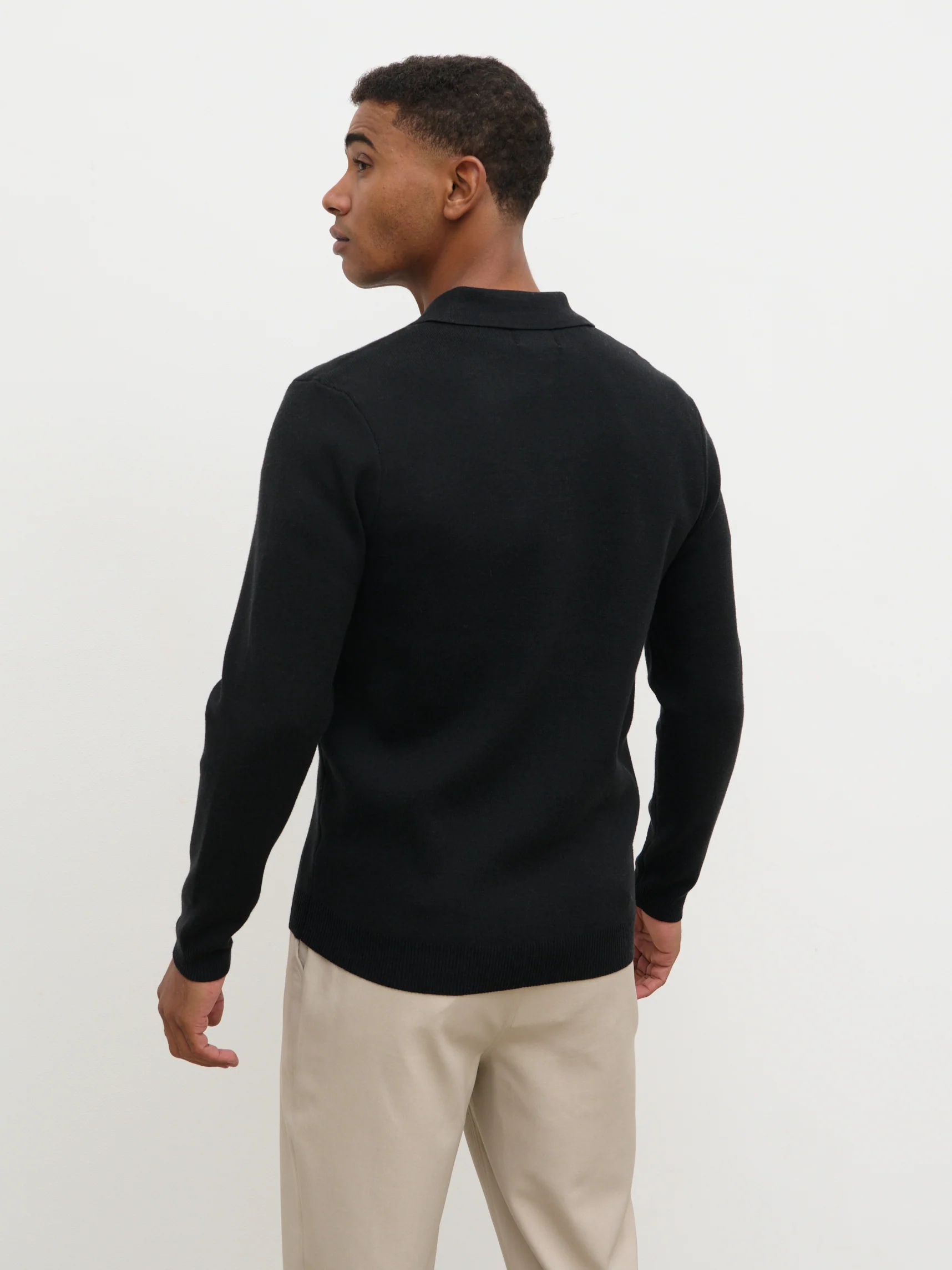 Rylan Button Long Sleeve Knit Polo - Black - Image 6