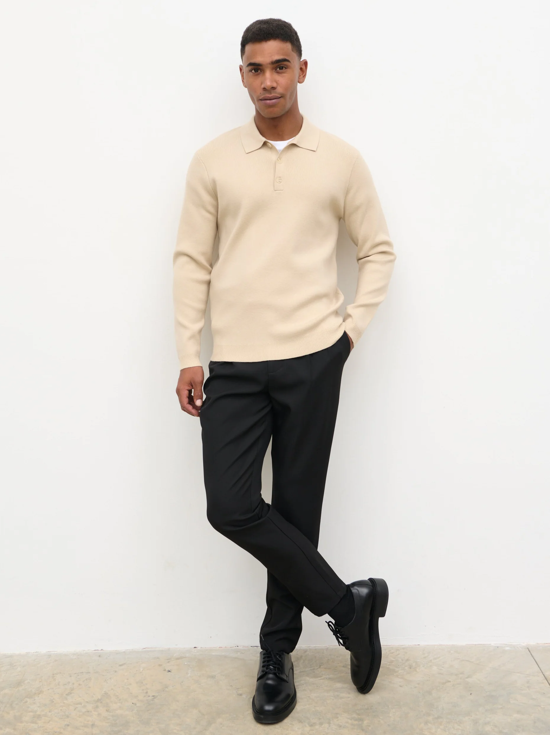 Rylan Button Long Sleeve Knit Polo - Stone - Image 2