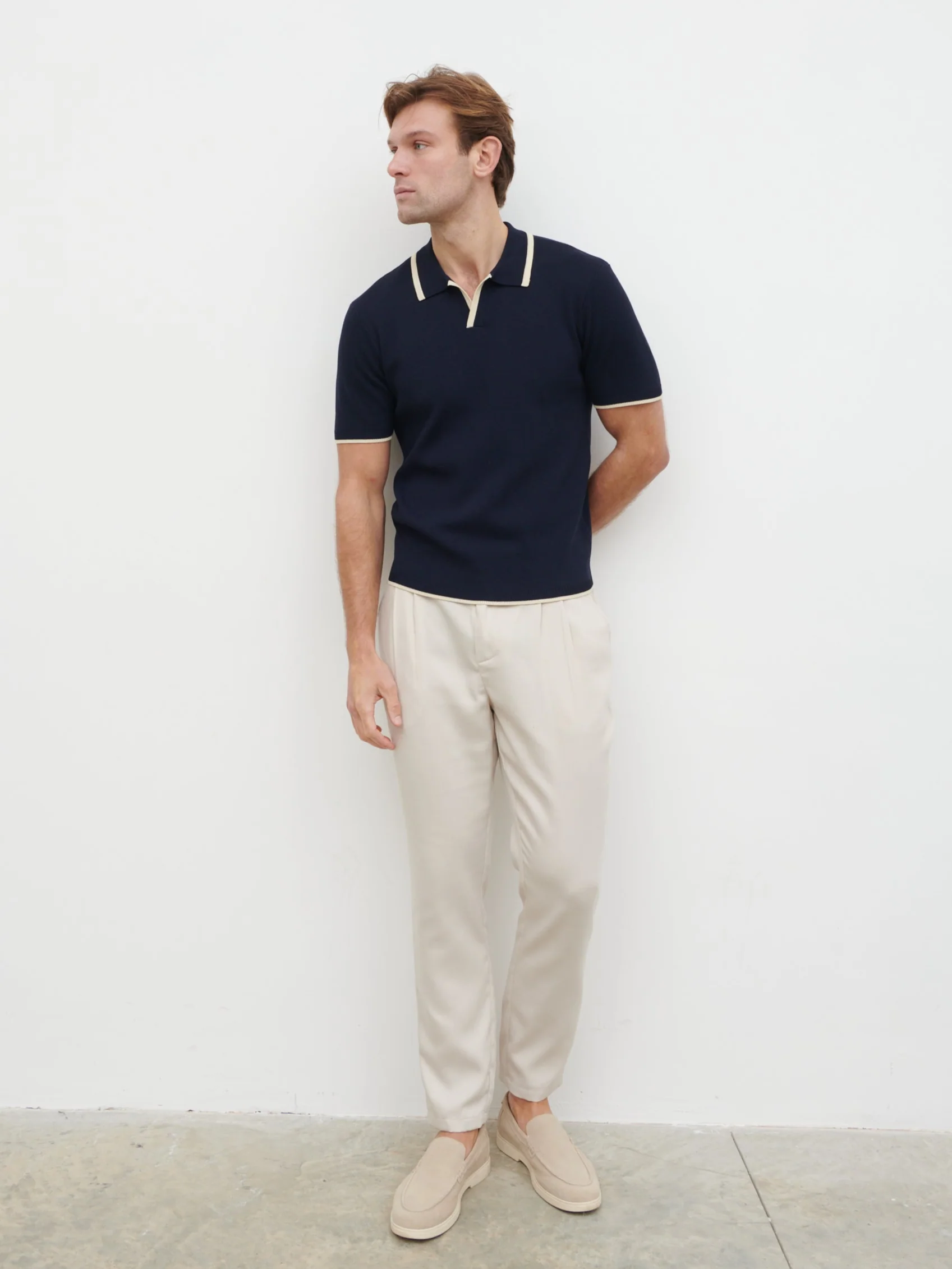 Sebastian Contrast Knit Polo - Navy and Cream - Image 3