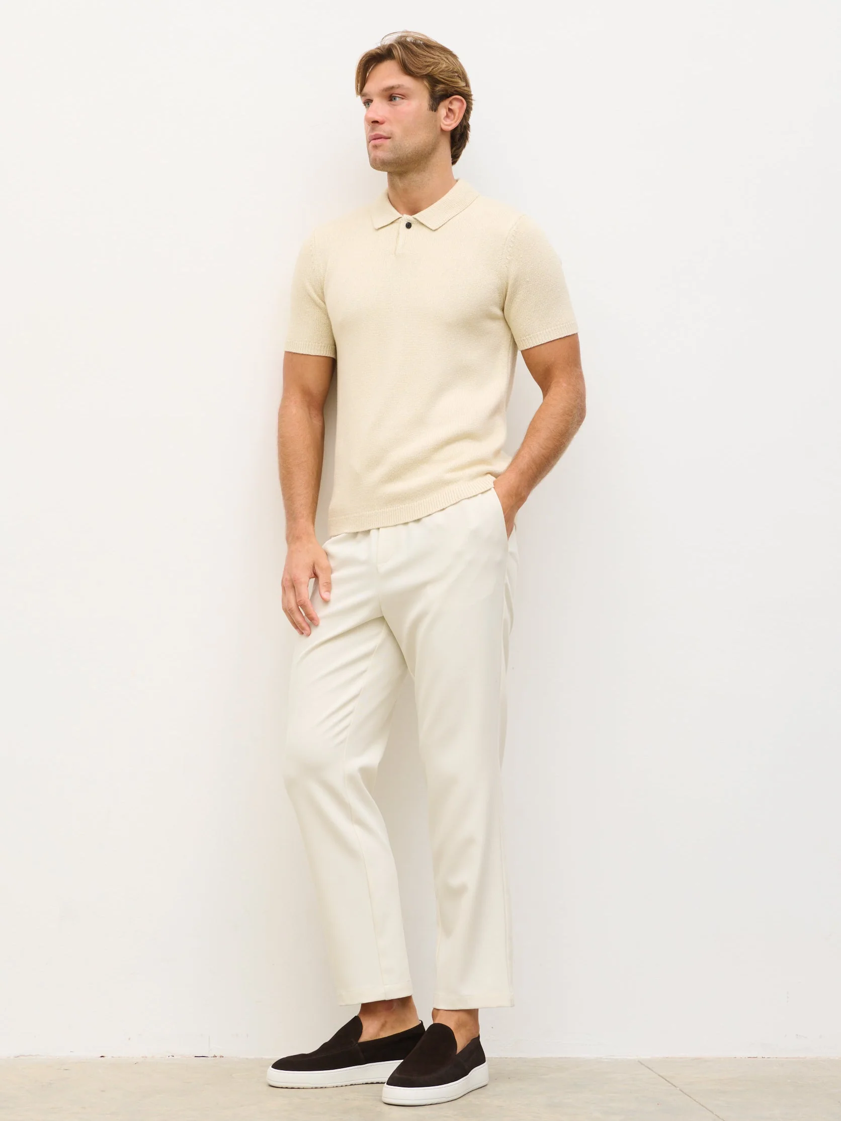 Syd Single Button Collar Knit Polo - Stone - Image 4