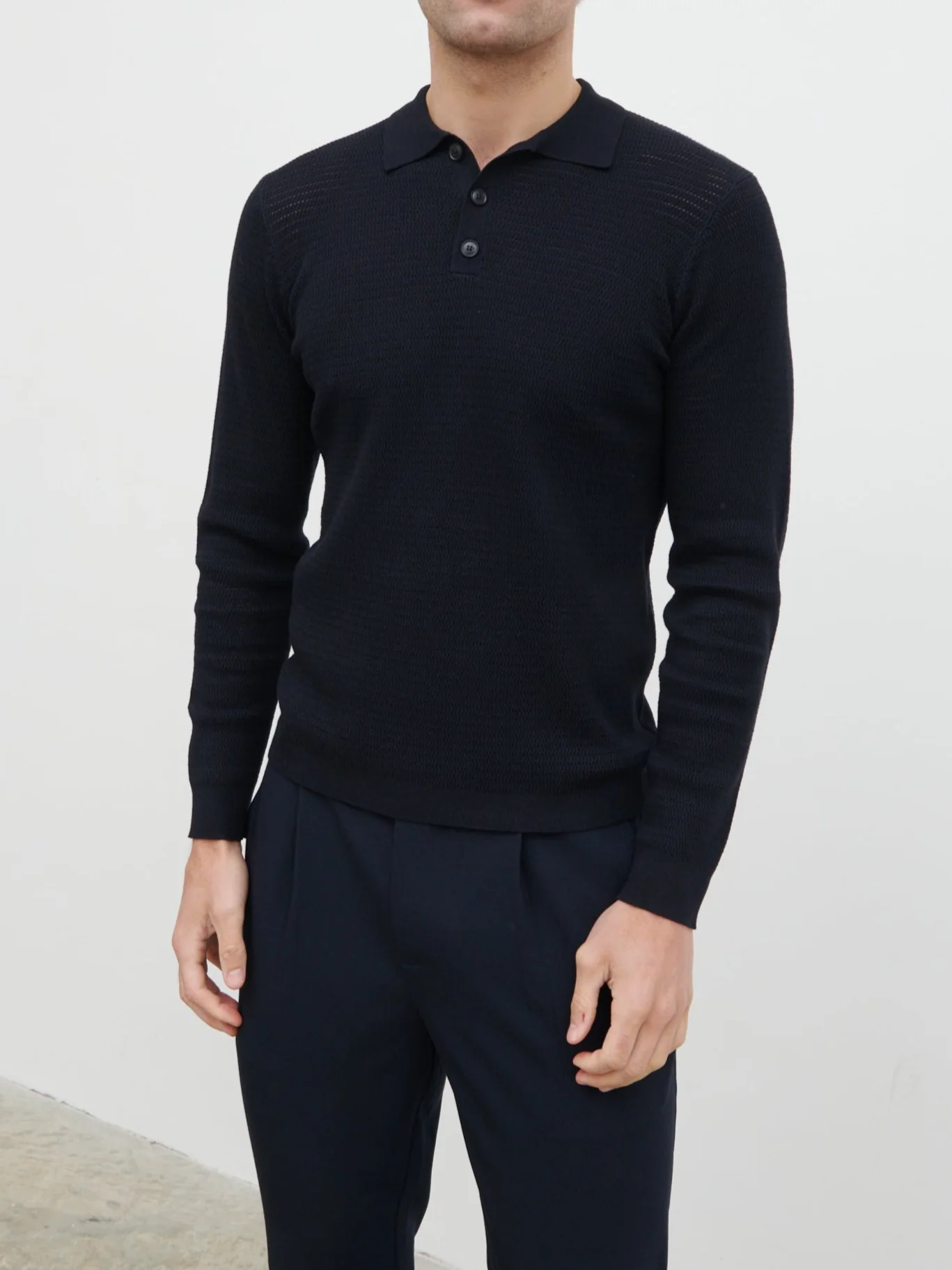 Tristan Openwork Knit Polo - Navy - Image 2