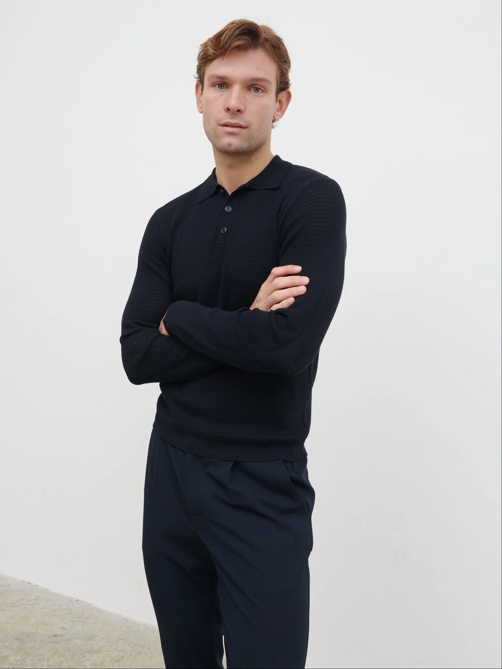 Tristan Openwork Knit Polo - Navy - Image 5