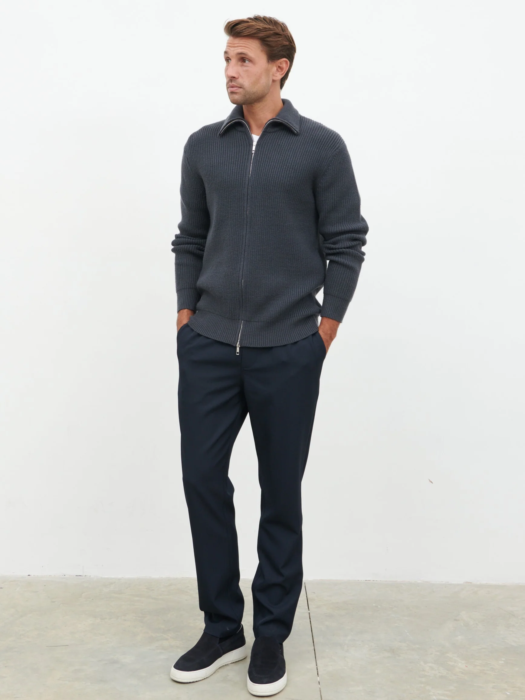 Tucker Double Zip Knit Jacket - Charcoal Blue - Image 4