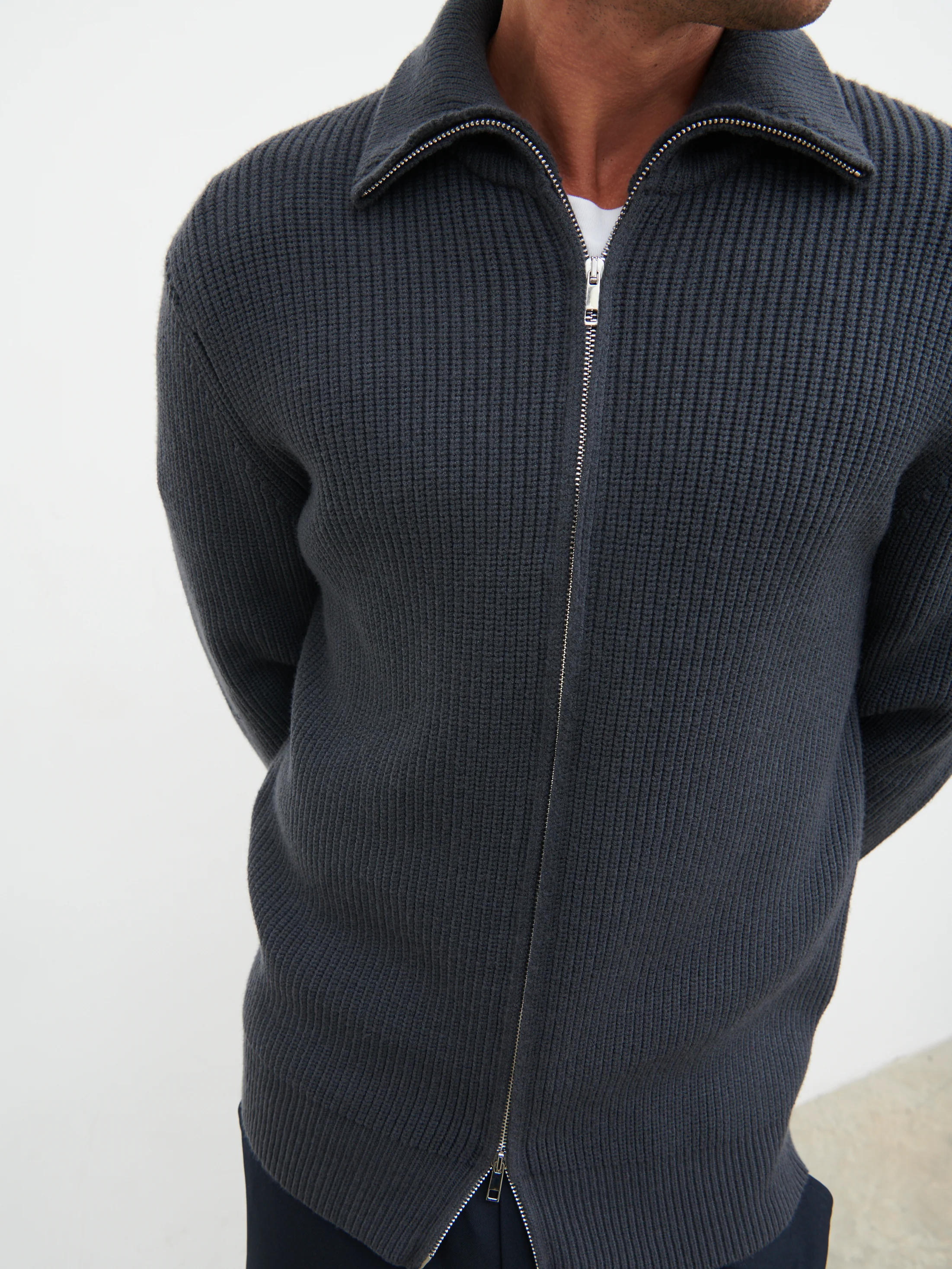 Tucker Double Zip Knit Jacket - Charcoal Blue - Image 5