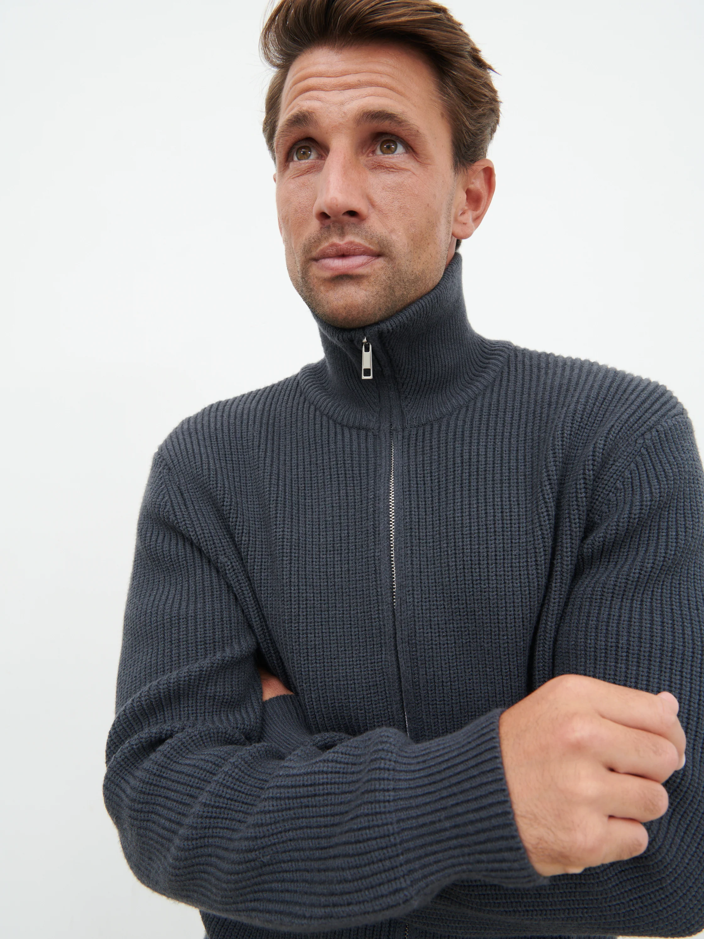 Tucker Double Zip Knit Jacket - Charcoal Blue - Image 7