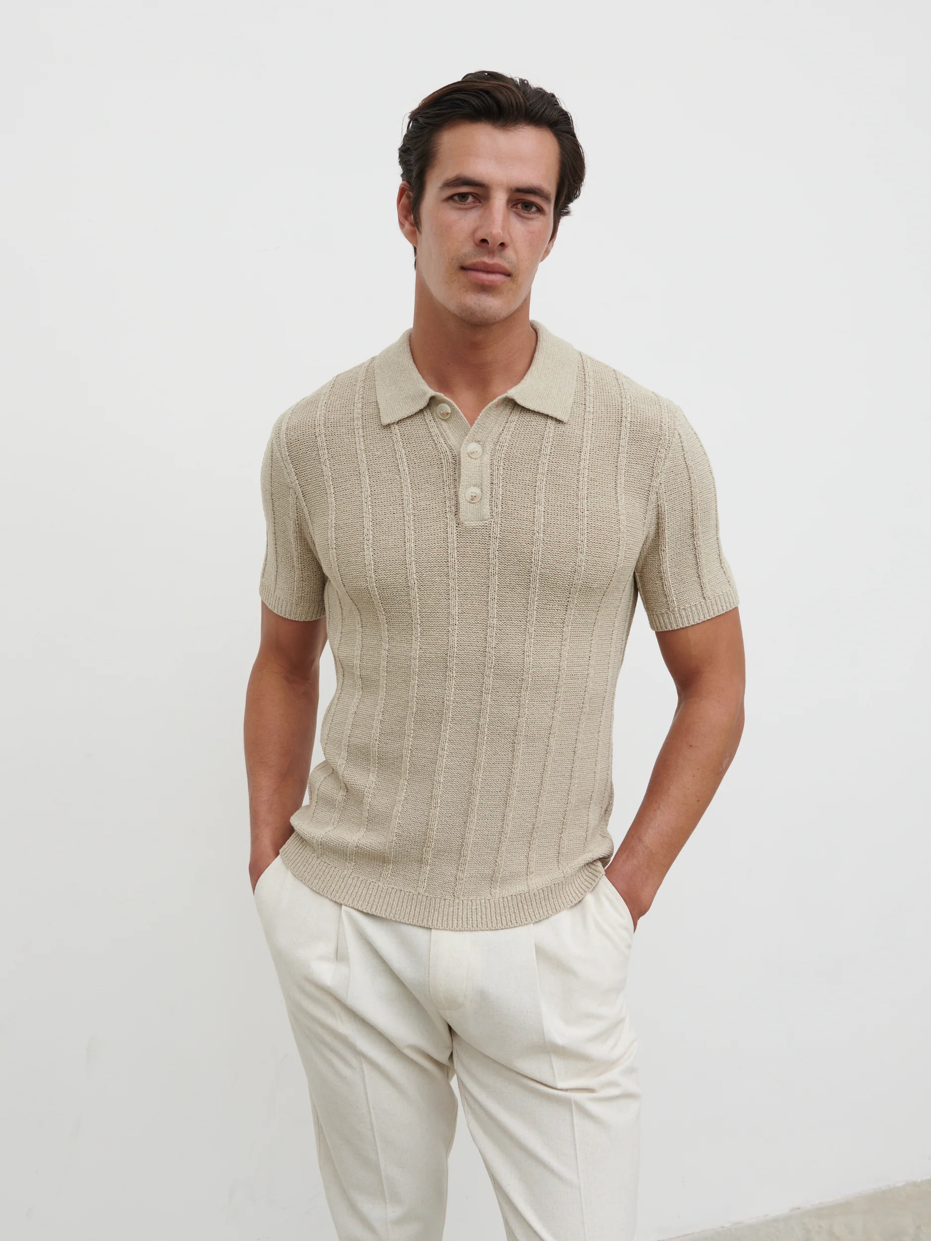 Wesley Fine Tape Stripe Knit Polo - Beige - Image 3