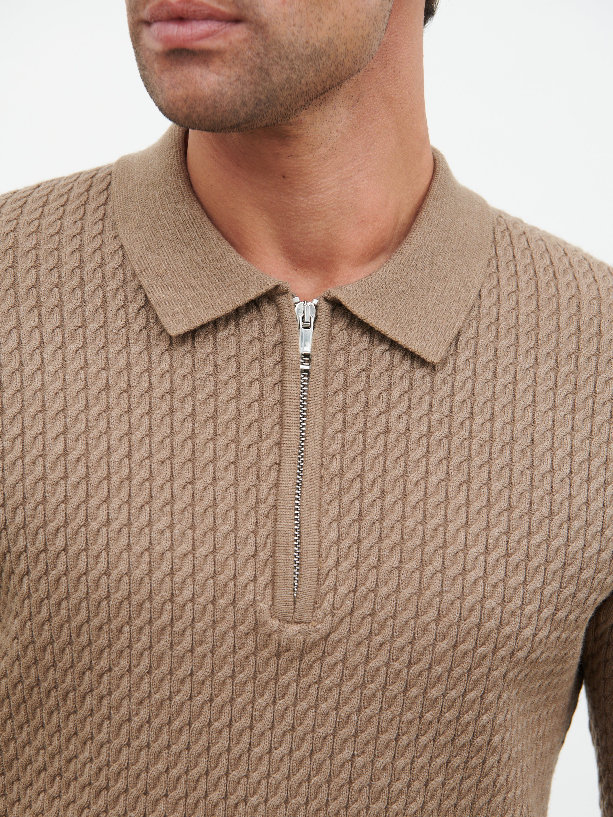 William Fine Cable Knit Zip Jumper - Light Brown - Image 4