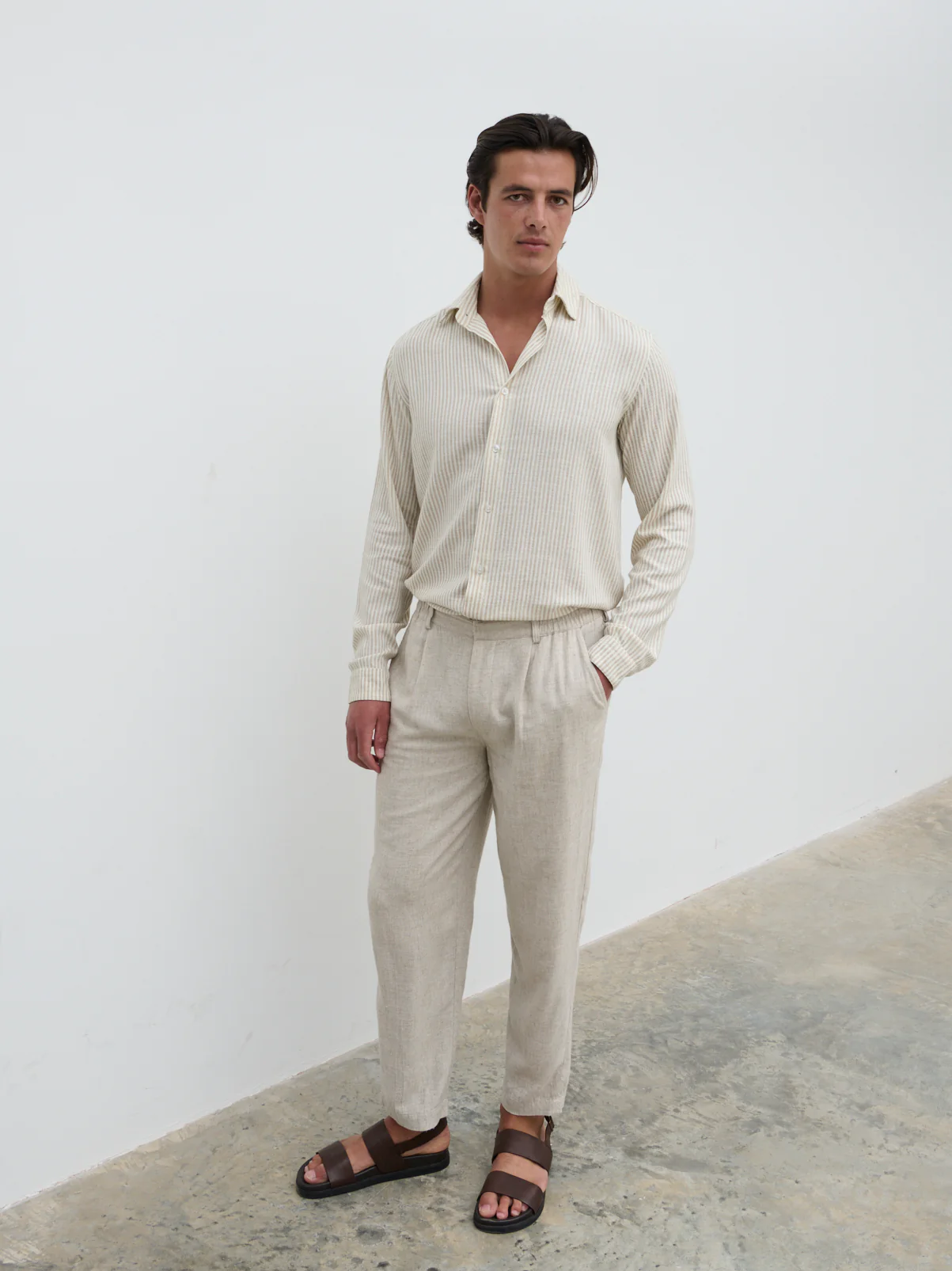 Wynn Stripe Long Sleeve Shirt - Taupe and Cream