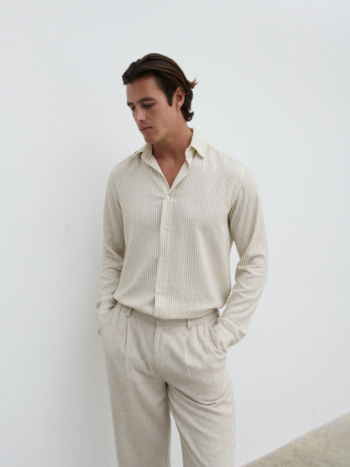 Wynn Stripe Long Sleeve Shirt - Taupe and Cream - Image 3