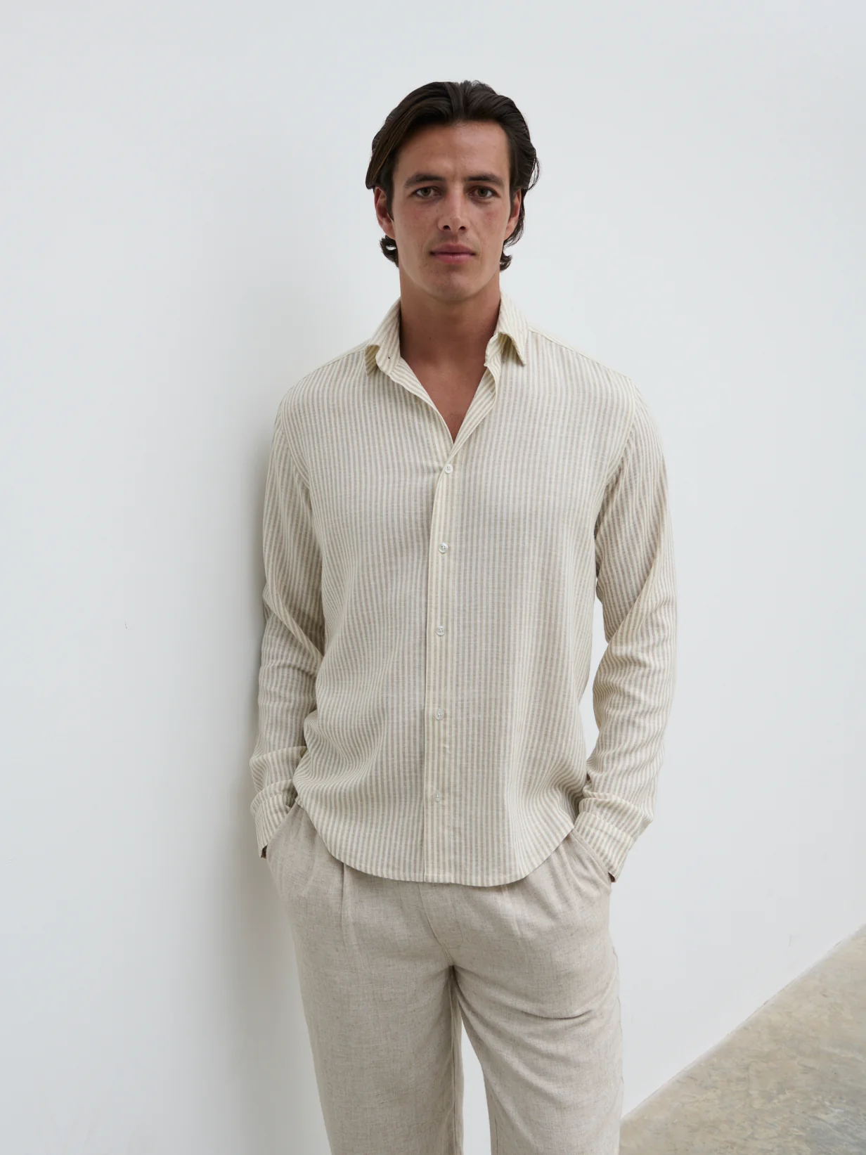 Wynn Stripe Long Sleeve Shirt - Taupe and Cream - Image 4